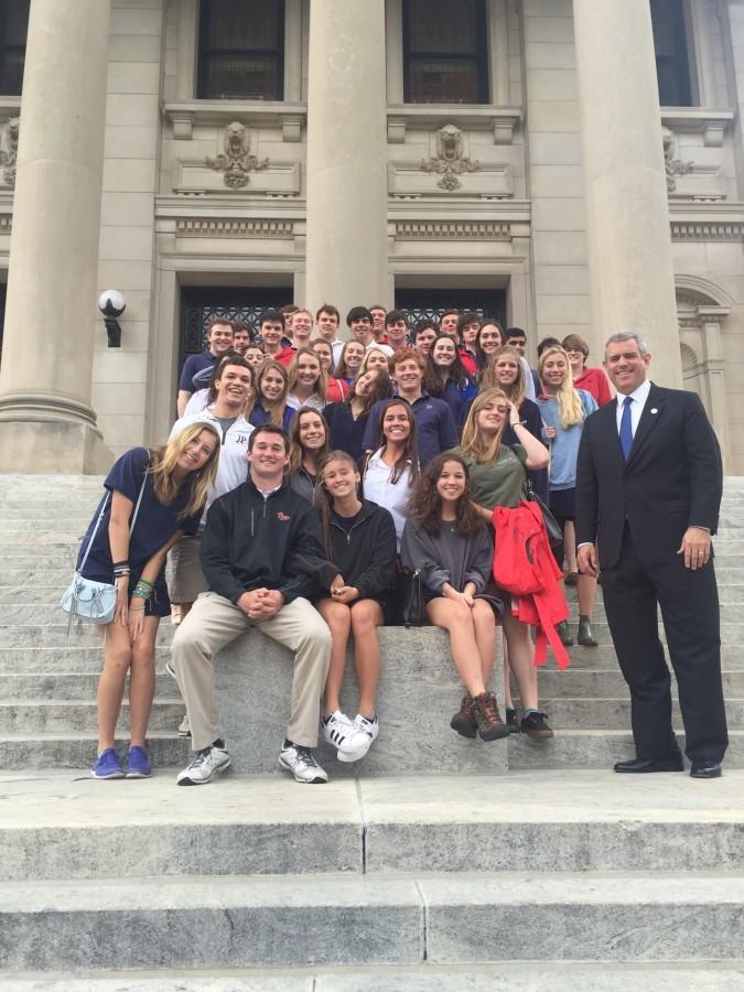 Prep seniors on the steps of the Capitol with Speaker Phillip Gunn. Photo courtesy of Ms. Lou Ann McKibben