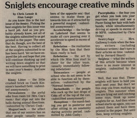 FROM THE ARCHIVES (Vol. XVI, No. 6 – May 1986): “Sniglets encourage creative minds”