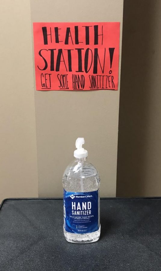 Sanitation stations, like this one in the hallway of the Guyton Center, offer an effective way to slow the spread of the flu.