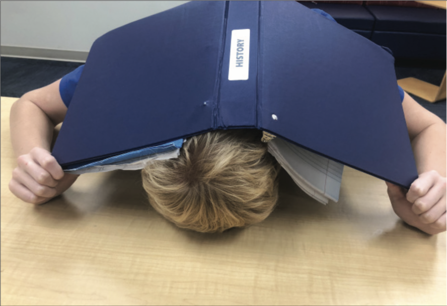 Sophomore Camp Carter falls to the pressure of exams, holding his history binder over his head in defeat.