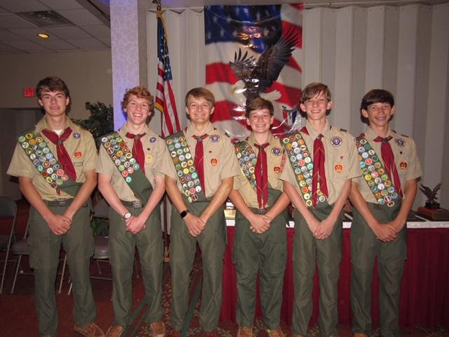 Recent Eagle recipients Gibson Brown, Walker Box, Jack Harvey, Andy Brown, Charlie Barbour, and Bennett Herring. 