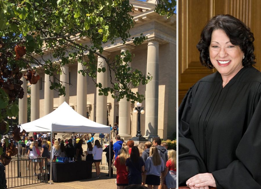 Students line up (left) to see Justice Sotomayor (right). Photos by staff (left) and courtesy U.S. Supreme Court (right)
