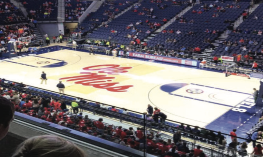 Ole Miss’ Pavilion gleaming under the lights. Photo by Charles Stephenson