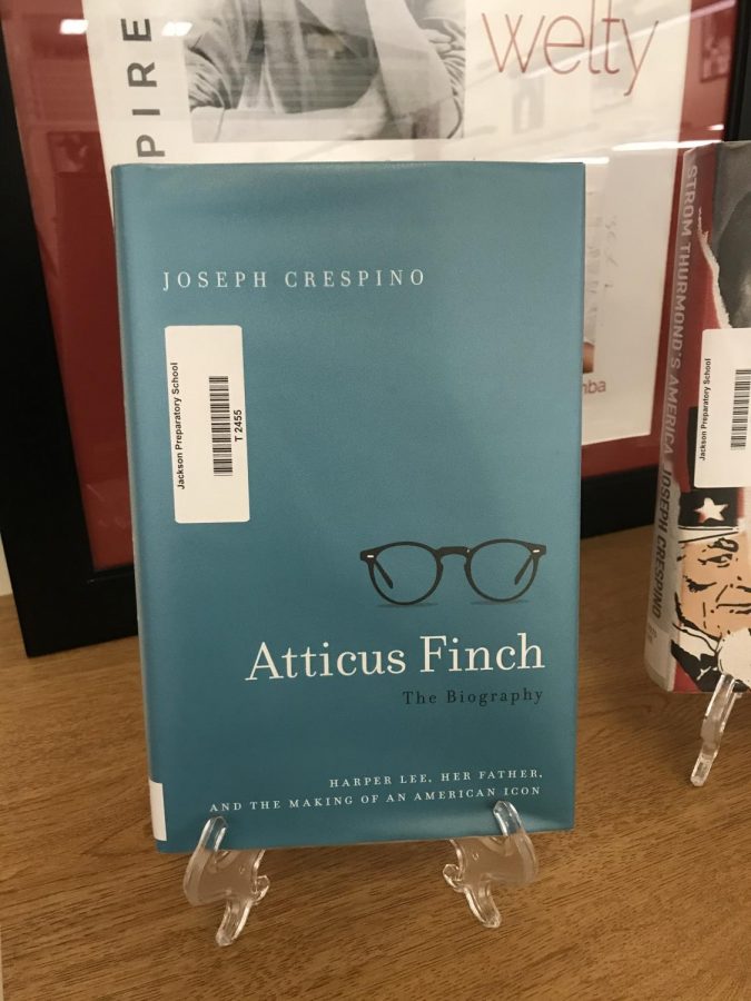 Dr. Joseph Crespinos book on Atticus Finch on display in the school library. 
