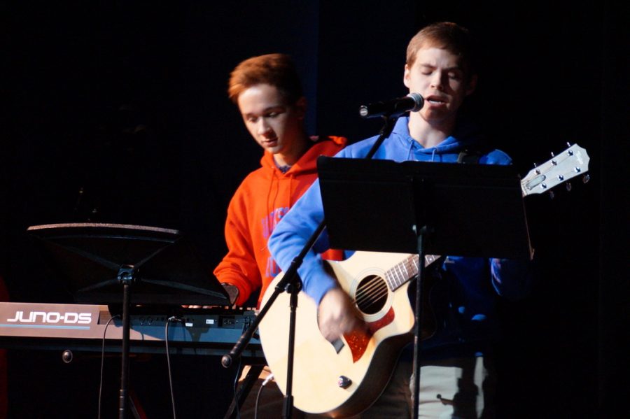 Hayden Mathis and Walker Jay Patterson lead worship for the students at Pursuit.