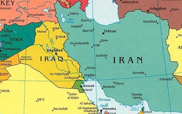 A map of the middle east showing Iraq and Iran.