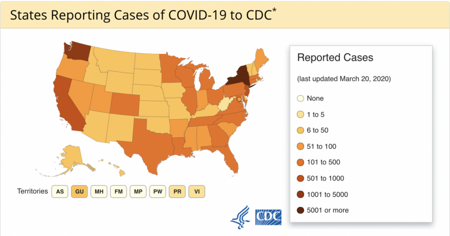 A CDC graphic of the United States indicating the number of reported COVID-19 cases by state. 