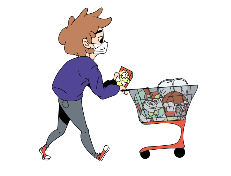 A shopper follows CDC guidelines while wearing a mask at the grocery store. Illustration by Kalyn Giesecke