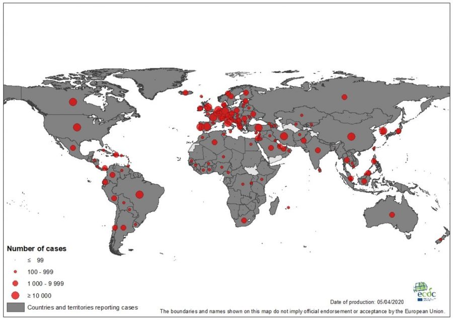 A world map estimating the number of COVID-19 cases by country. 