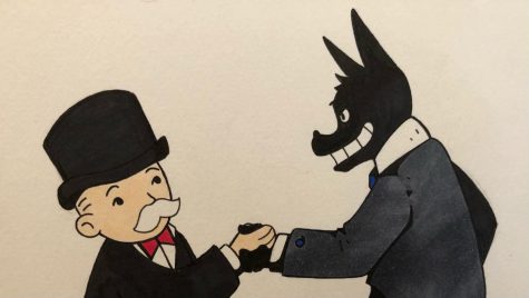 Monopoly Man makes a corrupt backroom deal. Illustration by Kalyn Giesecke