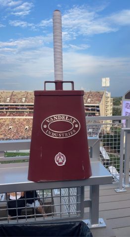 A giant cowbell in the balcony of Davis Wade Stadium in Starkville.