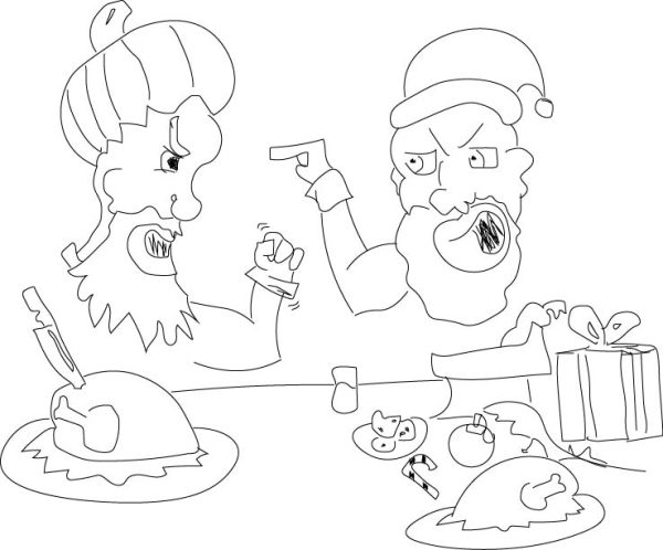 Thanksgiving Claus and Santa Claus locked in a never- ending battle of wills over whose holiday is better. Cartoon by Henry Jordan